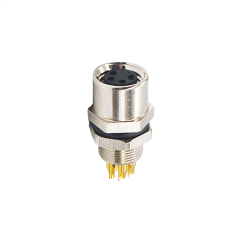 M8 4pins A code female straight rear panel mount connector,unshielded,solder,brass with nickel plated shell